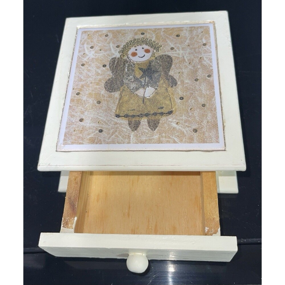 Trinket Jewelry Box Wood With Inlay Angel On Top - Picture 3 of 12